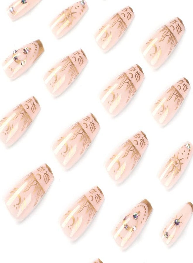 DOUBNINE Coffin Medium Press on Nails Pink Nude Sun Evil Eye Totems Gold Glitter Glossy Designs Artificial Glue on Nails Reusable Acrylic False Nail Full Cover for Women - Image 3