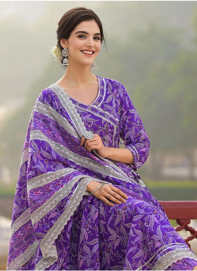 ISHIN Women's Purple 100% Cotton Self Design Full Length Palazzo Kurta Set  - Image 3