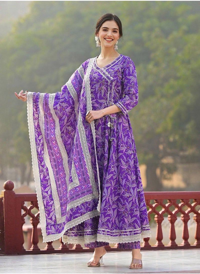 ISHIN Women's Purple 100% Cotton Self Design Full Length Palazzo Kurta Set  - Image 5