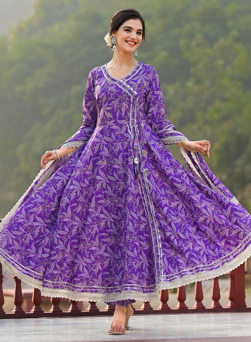 ISHIN Women's Purple 100% Cotton Self Design Full Length Palazzo Kurta Set  - Image 5