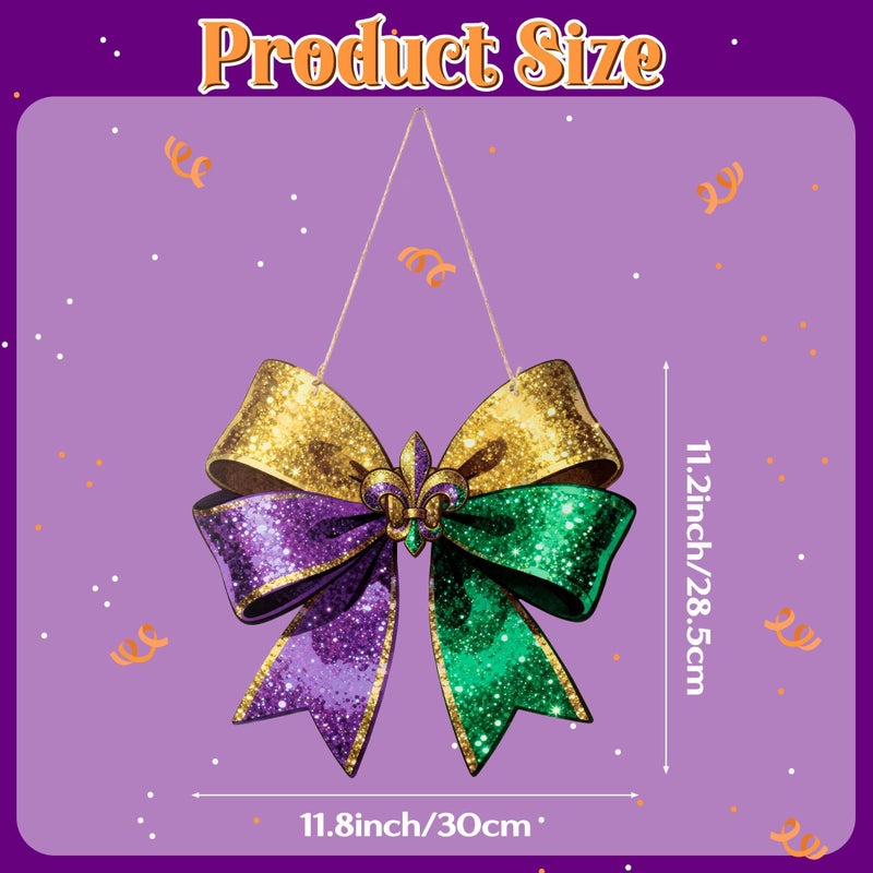 Qimgic Mardi Gras Door Sign - Bow Shape Wood Hanging Decorations for Wall Art, Glitter Flower Welcome Door Sign for Carnival Apartment Indoor Outdoor Porch Hang Ornament 11.8x11.2 Inch - Image 2