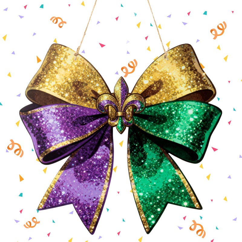 Qimgic Mardi Gras Door Sign - Bow Shape Wood Hanging Decorations for Wall Art, Glitter Flower Welcome Door Sign for Carnival Apartment Indoor Outdoor Porch Hang Ornament 11.8x11.2 Inch - Image 1