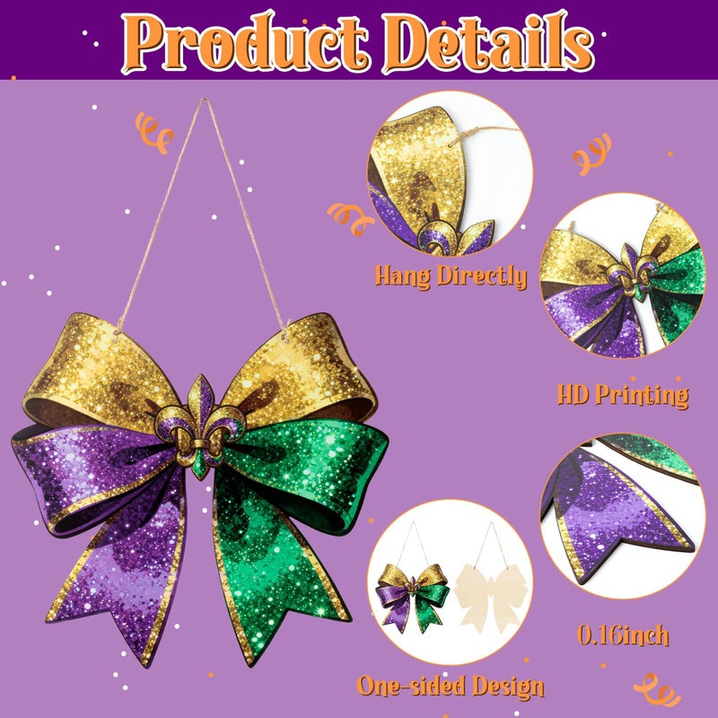 Qimgic Mardi Gras Door Sign - Bow Shape Wood Hanging Decorations for Wall Art, Glitter Flower Welcome Door Sign for Carnival Apartment Indoor Outdoor Porch Hang Ornament 11.8x11.2 Inch - Image 3