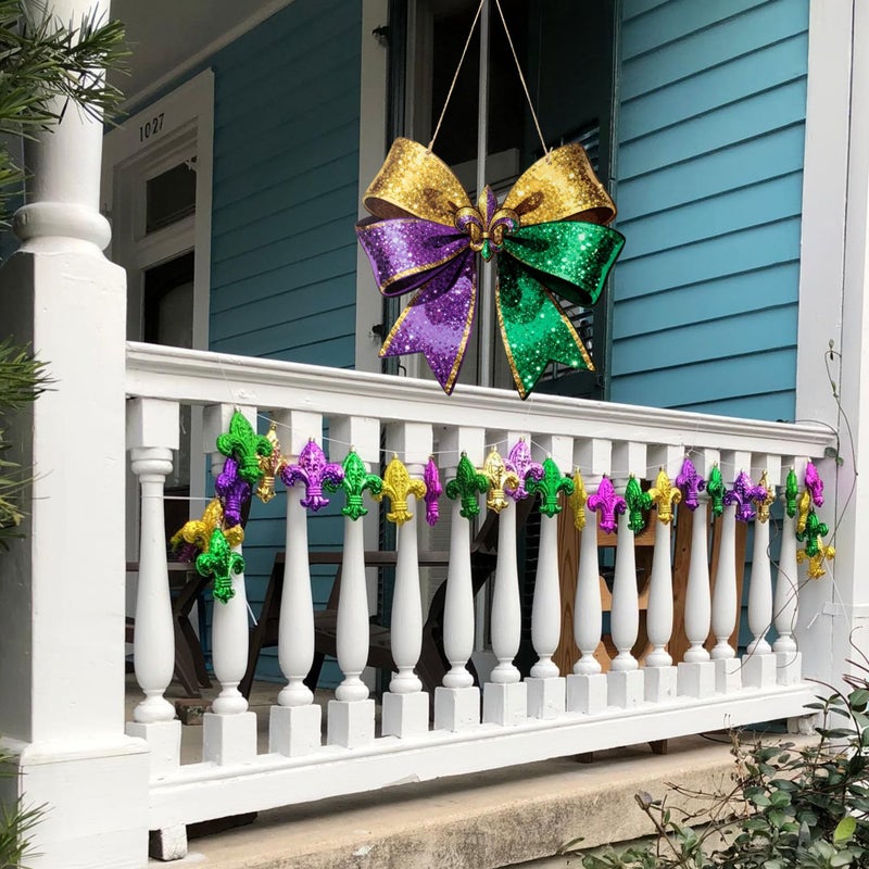 Qimgic Mardi Gras Door Sign - Bow Shape Wood Hanging Decorations for Wall Art, Glitter Flower Welcome Door Sign for Carnival Apartment Indoor Outdoor Porch Hang Ornament 11.8x11.2 Inch - Image 4