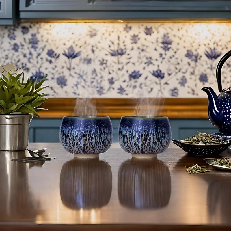 CmengAo Tenmokus Tea Cups  Blue Starry Sky Glaze Series Handleless Design Ceramic Jianzhan Tea Bowl Chinese Small Kungfu Tea Cups Set of 2 54 oz - Image 3