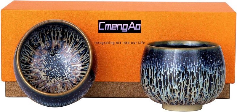 CmengAo Tenmokus Tea Cups  Blue Starry Sky Glaze Series Handleless Design Ceramic Jianzhan Tea Bowl Chinese Small Kungfu Tea Cups Set of 2 54 oz - Image 1