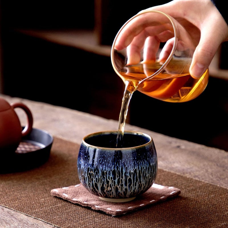 CmengAo Tenmokus Tea Cups  Blue Starry Sky Glaze Series Handleless Design Ceramic Jianzhan Tea Bowl Chinese Small Kungfu Tea Cups Set of 2 54 oz - Image 4