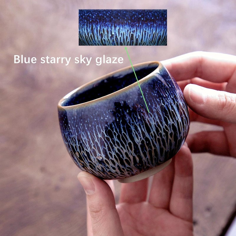 CmengAo Tenmokus Tea Cups  Blue Starry Sky Glaze Series Handleless Design Ceramic Jianzhan Tea Bowl Chinese Small Kungfu Tea Cups Set of 2 54 oz - Image 2