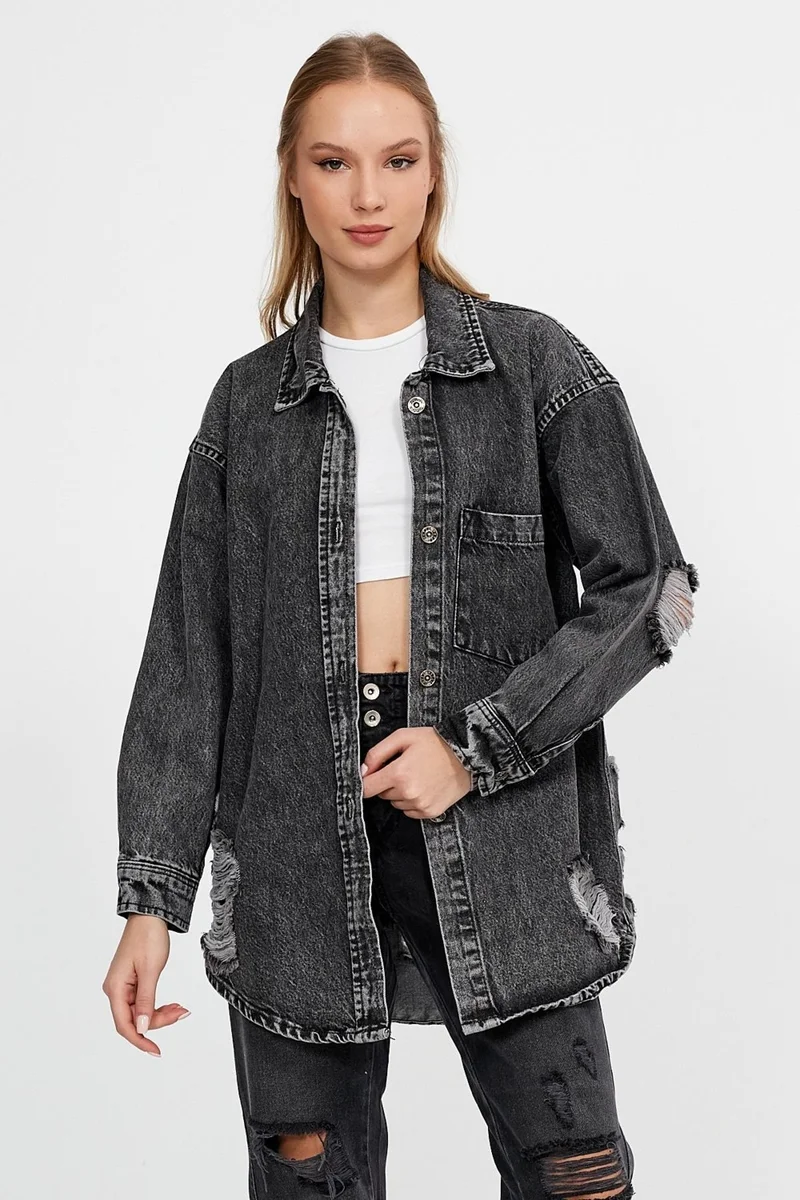 Alexander Gardi Special Collection Ripped Detailed Oversize Denim Shirt (6002)
