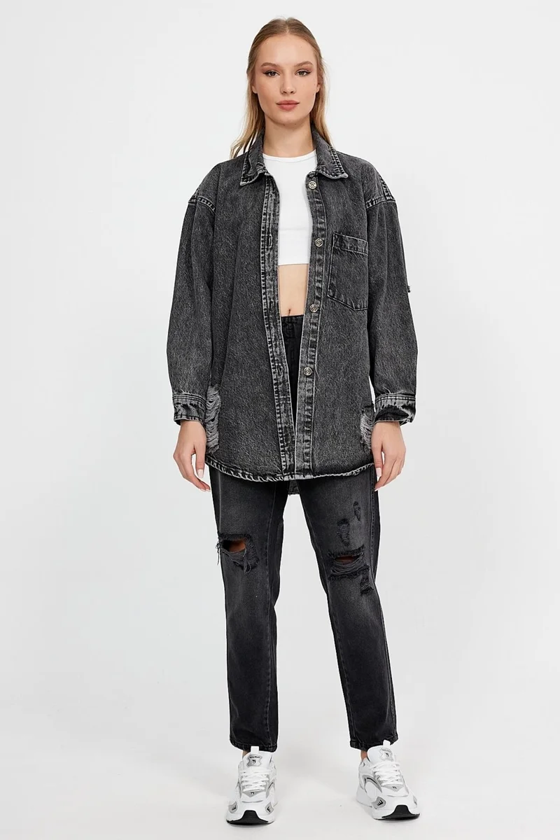 Alexander Gardi Special Collection Ripped Detailed Oversize Denim Shirt (6002)