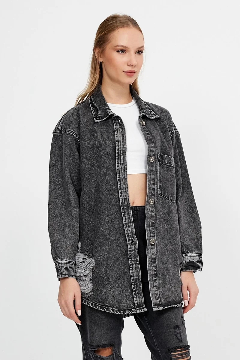 Alexander Gardi Special Collection Ripped Detailed Oversize Denim Shirt (6002)