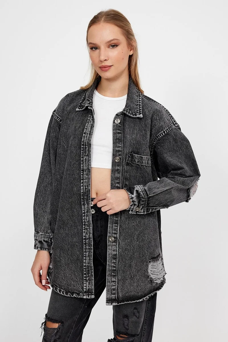 Alexander Gardi Special Collection Ripped Detailed Oversize Denim Shirt (6002)