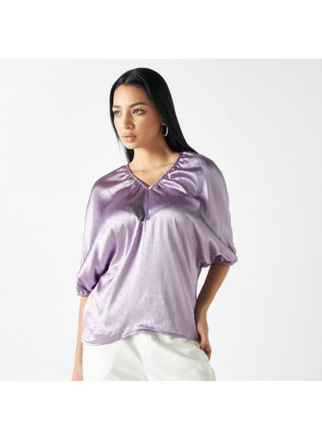2Xtremz 2Xtremz Embellished V-neck Top with 3/4 Sleeves and Tie-Up Detail  - Image 2