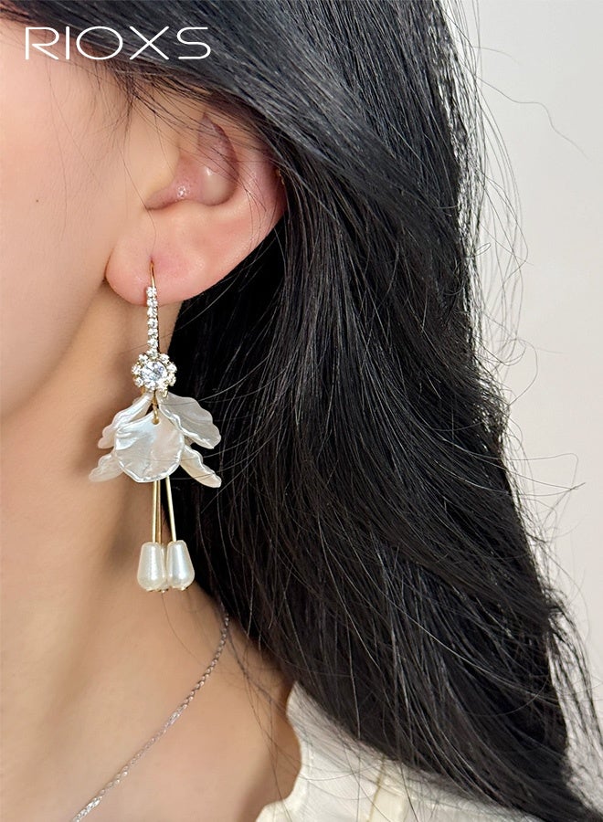 RIOXS White Pearl Petal Flower Drop Earrings for Women, Shiny Rhinestone Bohemian Shell Shaped Flower Long Tassel Earrings, Fairy Statement Summer Refreshing Seaside Idyllic Holiday Earrings Jewelry for Vacation Prom - Image 2