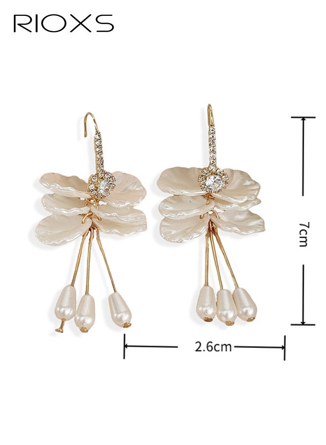 RIOXS White Pearl Petal Flower Drop Earrings for Women, Shiny Rhinestone Bohemian Shell Shaped Flower Long Tassel Earrings, Fairy Statement Summer Refreshing Seaside Idyllic Holiday Earrings Jewelry for Vacation Prom - Image 5