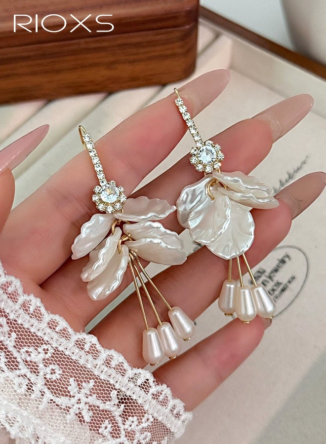 RIOXS White Pearl Petal Flower Drop Earrings for Women, Shiny Rhinestone Bohemian Shell Shaped Flower Long Tassel Earrings, Fairy Statement Summer Refreshing Seaside Idyllic Holiday Earrings Jewelry for Vacation Prom - Image 3