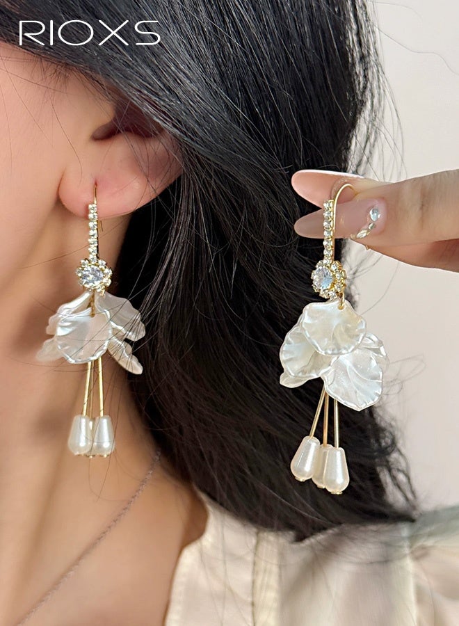 RIOXS White Pearl Petal Flower Drop Earrings for Women, Shiny Rhinestone Bohemian Shell Shaped Flower Long Tassel Earrings, Fairy Statement Summer Refreshing Seaside Idyllic Holiday Earrings Jewelry for Vacation Prom - Image 1