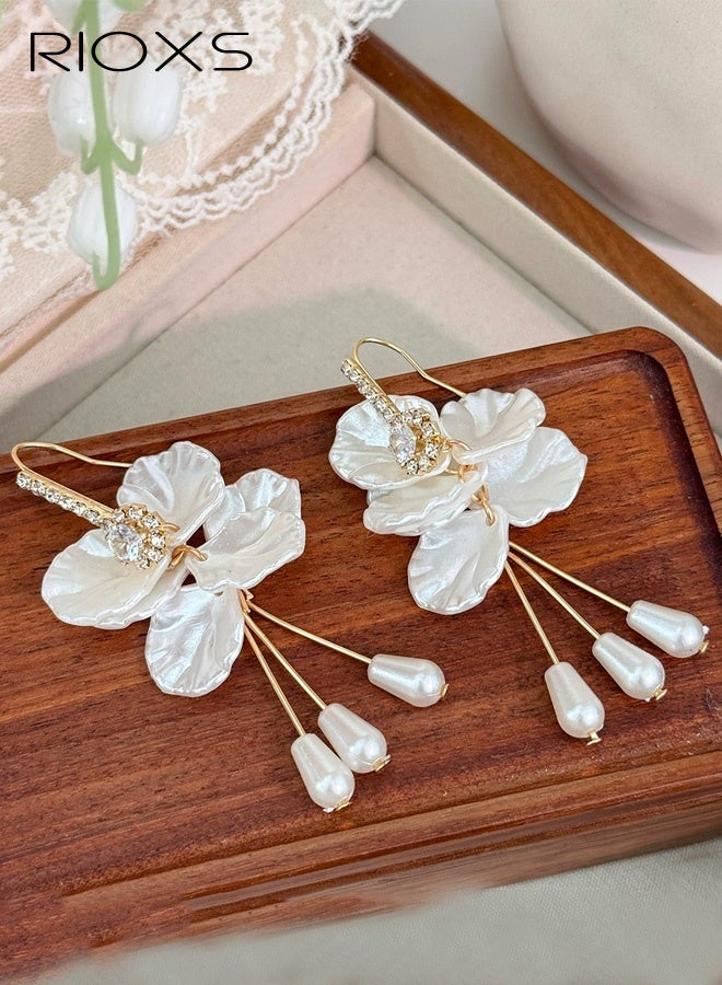 RIOXS White Pearl Petal Flower Drop Earrings for Women, Shiny Rhinestone Bohemian Shell Shaped Flower Long Tassel Earrings, Fairy Statement Summer Refreshing Seaside Idyllic Holiday Earrings Jewelry for Vacation Prom - Image 4