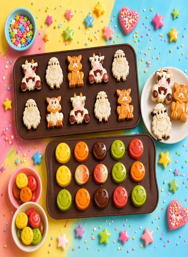 Go Hooked Silicone Chocolate Mould Set of 2 | Smiley 15 Cavity and Animal 10 Cavity | Non-Stick Flexible Mould for Chocolate Candy Jelly Ice Cube Baking (Brown) - Image 1