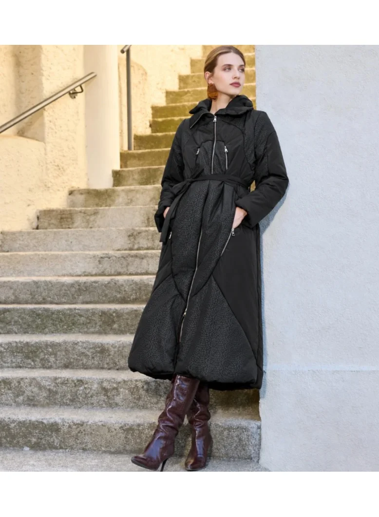Black Hooded Belted Maxi Coat with Leopard Panels - Black