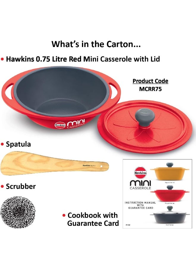 Hawkins - Hawkins Aluminium 0.75 Liter Mini Casserole with Lid, Round Series Die-Cast Pan for Cooking, Reheating, Serving and Storing, Red - Image 1
