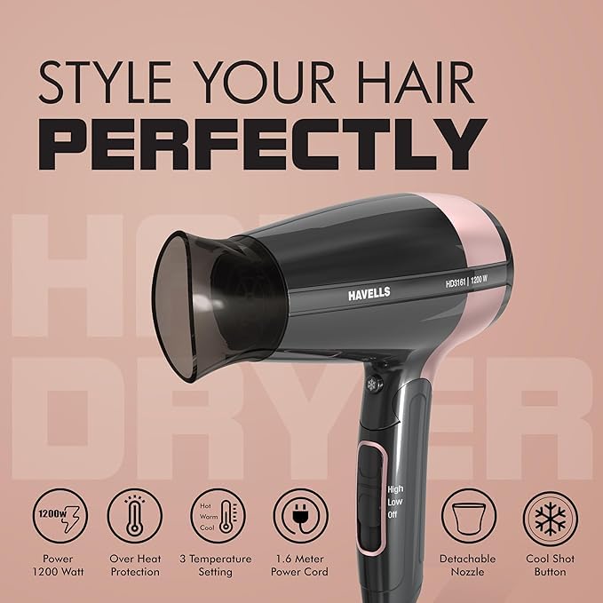 Havells 1200W Foldable Hair Dryer; 3 Heat Settings With Cool Shot (Hot/Cool/Warm),Heat Balance Technology|Cool Black|Your Perfect Blow Dry Companion For Effortless Hair Styling|Hd3161-1200 Watts - Image 5