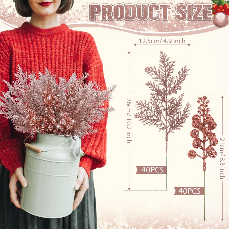 Cindeer 80 Pcs Rose Gold Christmas Glitter Berries Stems Pine Needles Christmas Artificial Picks Fake Floral Twig Spray for Xmas Tree Ornaments DIY Wreath Garland Decorations - Image 2