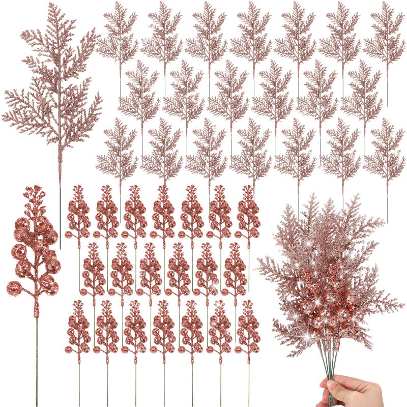 Cindeer 80 Pcs Rose Gold Christmas Glitter Berries Stems Pine Needles Christmas Artificial Picks Fake Floral Twig Spray for Xmas Tree Ornaments DIY Wreath Garland Decorations - Image 1