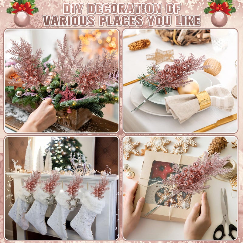 Cindeer 80 Pcs Rose Gold Christmas Glitter Berries Stems Pine Needles Christmas Artificial Picks Fake Floral Twig Spray for Xmas Tree Ornaments DIY Wreath Garland Decorations - Image 3