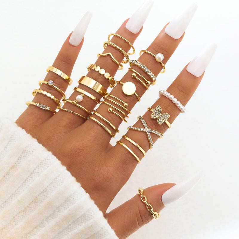 17IF 22 Pcs Gold Vintage Knuckle Ring Set for Women, Boho Crystal Finger Aesthetic Pearl Sparkle Butterfly Chunky Stackable Midi Ring Pack (CrystalButter) - Image 5