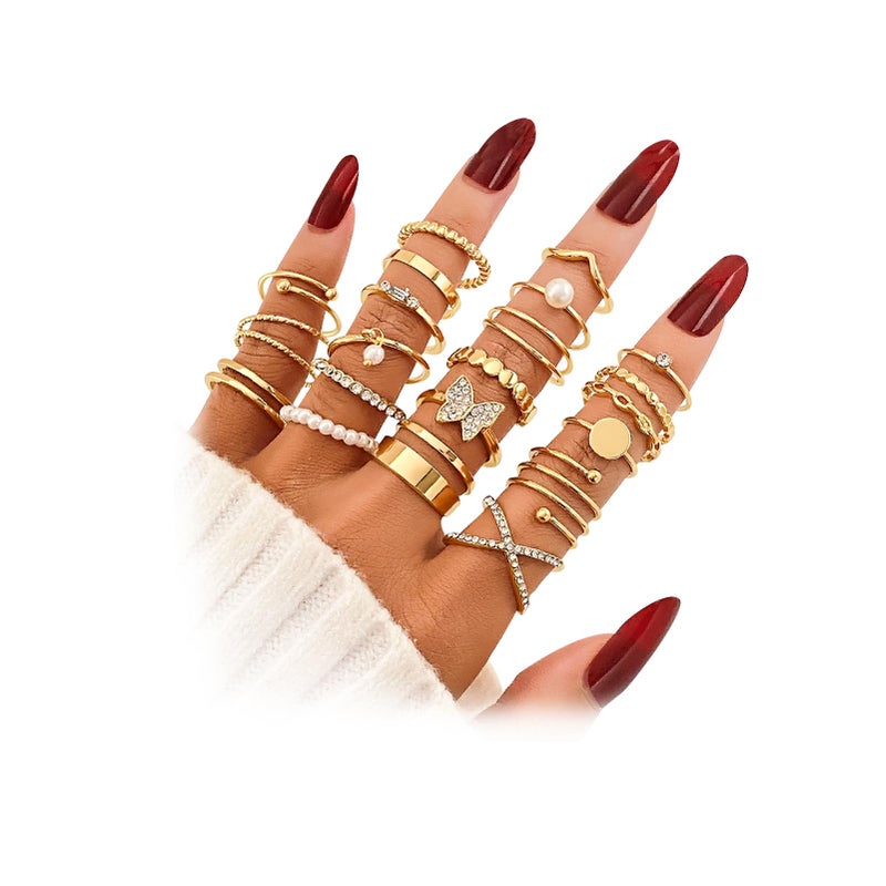 17IF 22 Pcs Gold Vintage Knuckle Ring Set for Women, Boho Crystal Finger Aesthetic Pearl Sparkle Butterfly Chunky Stackable Midi Ring Pack (CrystalButter) - Image 1