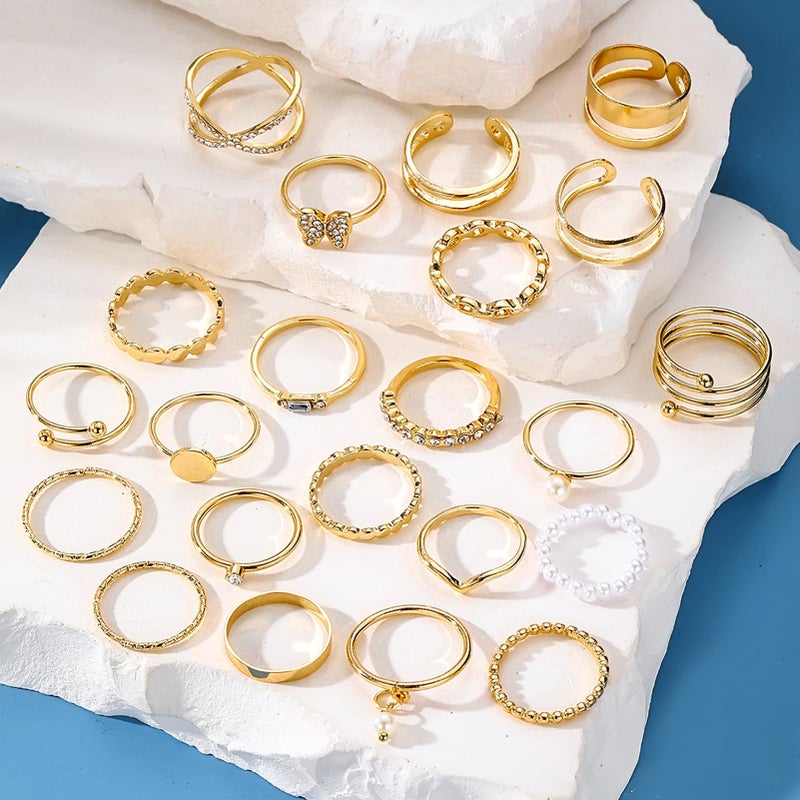 17IF 22 Pcs Gold Vintage Knuckle Ring Set for Women, Boho Crystal Finger Aesthetic Pearl Sparkle Butterfly Chunky Stackable Midi Ring Pack (CrystalButter) - Image 4