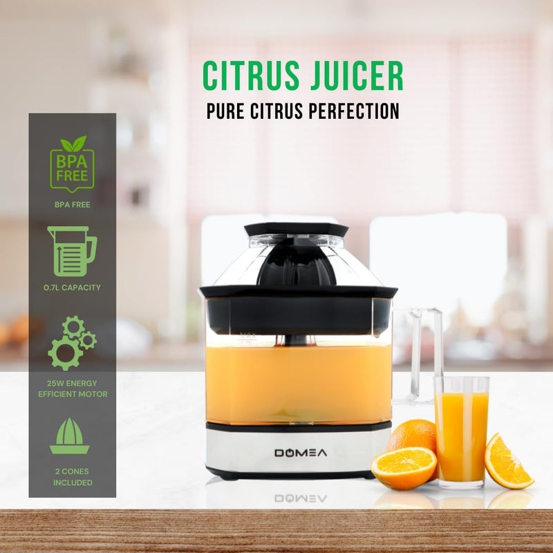 DOMEA Electric Citrus Juicer, Orange Juice Maker, Lemon Squeezer, 0.7 L Capacity, 25W Energy Efficient Powerful Motor, Includes 2 Cones, Quick & Easy Juicing - Image 2