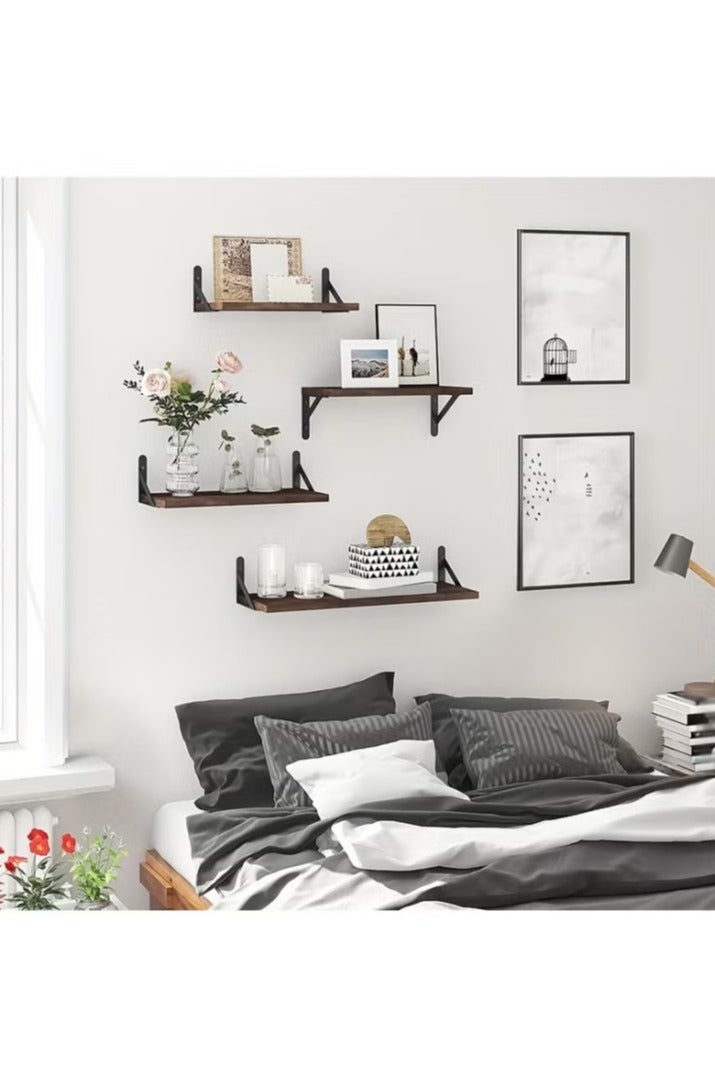 4 brown suspended wall mounted shelves, a combination of rustic wood and metal wall mounted storage racks, with a multi-layer design and large and deep shelves, suitable for bedroom, bathroom, kitchen, living room, laundry room, and wardrobe decoration - Image 1