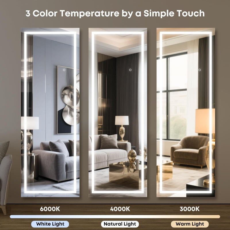 Kosmonia 56"x18" Full Length LED Mirror with Lights, Dimmable Standing/Wall Mirror for Bedroom, Full Body Lighted Floor Mirror, Tempered Glass - Image 5