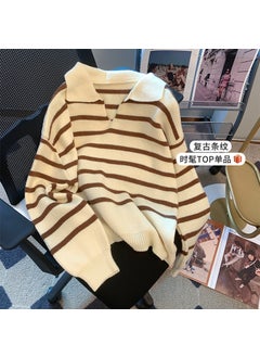 Womens Loose Long Sleeve Polo Neck Striped Knitwear Autumn Winter Fashion Trendy Comfortable Midweight Wool Blend Sweater apricot Cafe Stripes