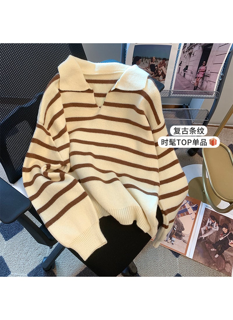 Generic - Womens Loose Long Sleeve Polo Neck Striped Knitwear Autumn Winter Fashion Trendy Comfortable Midweight Wool Blend Sweater apricot Cafe Stripes - Image 1