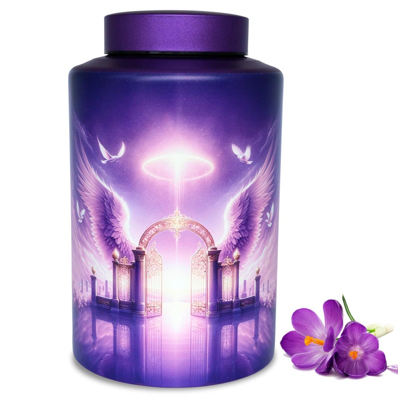 Mianachilu Large Cremation Urn for Adult Female Male Ashes, Decorative Funeral Purple Keepsake Urns for Human Women Man Dad Mom Remains with Velvet Bag(Gate of Heaven) - Image 1