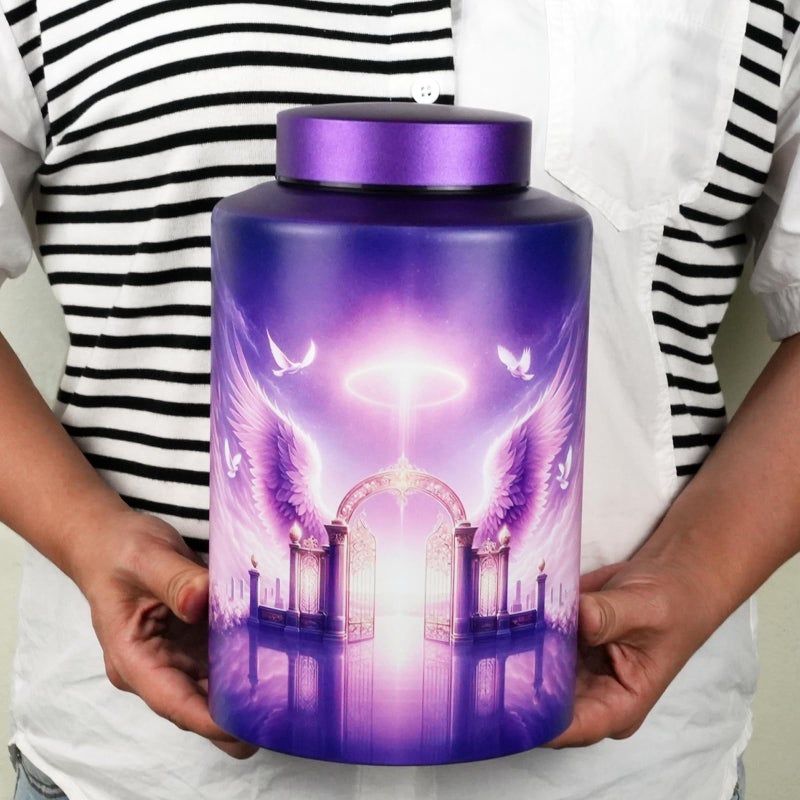 Mianachilu Large Cremation Urn for Adult Female Male Ashes, Decorative Funeral Purple Keepsake Urns for Human Women Man Dad Mom Remains with Velvet Bag(Gate of Heaven) - Image 4