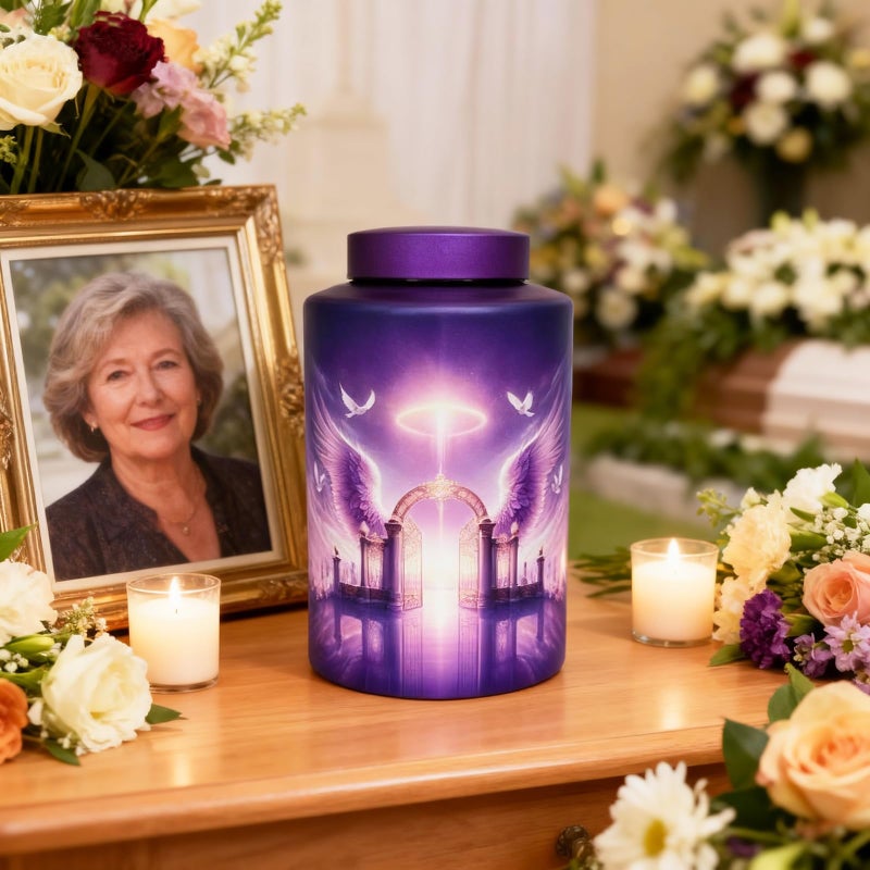 Mianachilu Large Cremation Urn for Adult Female Male Ashes, Decorative Funeral Purple Keepsake Urns for Human Women Man Dad Mom Remains with Velvet Bag(Gate of Heaven) - Image 2