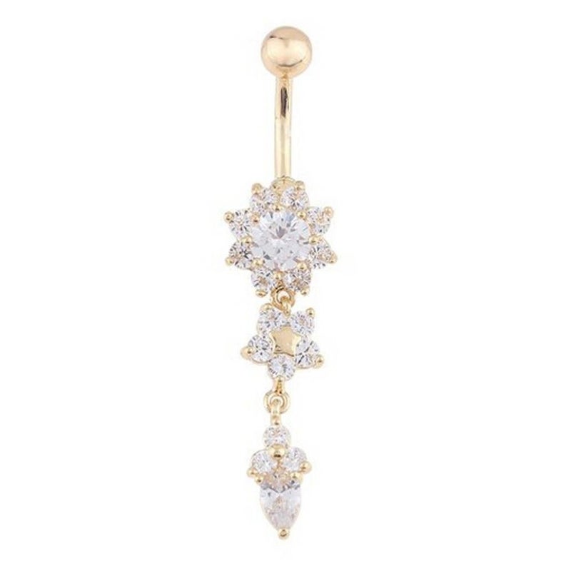 BeeSpring Women's Crystal Ring Body Dangle Barbell Bar Belly Button Ring (Gold, 2 Inches)