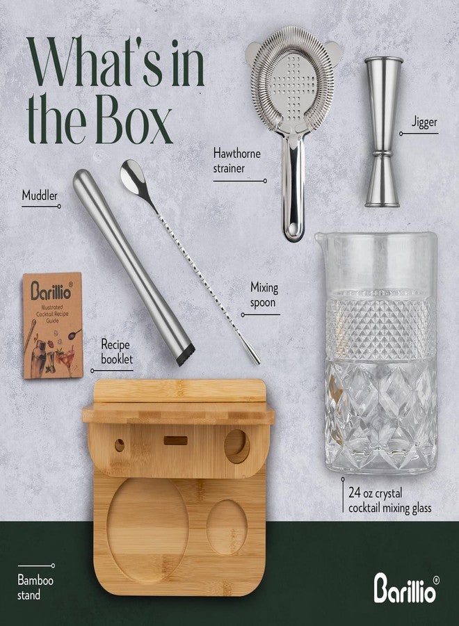 Barillio 24 Oz Crystal Cocktail Mixing Glass with Bamboo Stand & Bar Tools | Seamless Lead-Free Crystal, Weighted Base Stirring Pitcher | Including Muddler, Mixing Spoon, Jigger and Strainer - Image 3