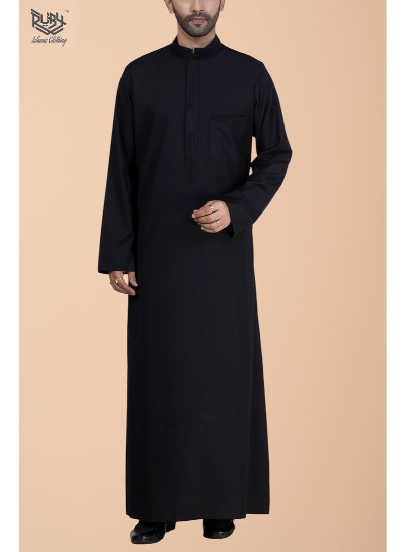 RUBY ISLAMIC CLOTHING Premium Black Saudi Thobe with Collar & Elegant Embroidery kandura jubbah - Image 1