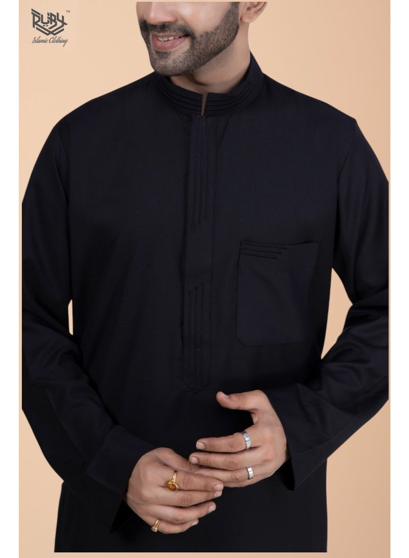 RUBY ISLAMIC CLOTHING Premium Black Saudi Thobe with Collar & Elegant Embroidery kandura jubbah - Image 4