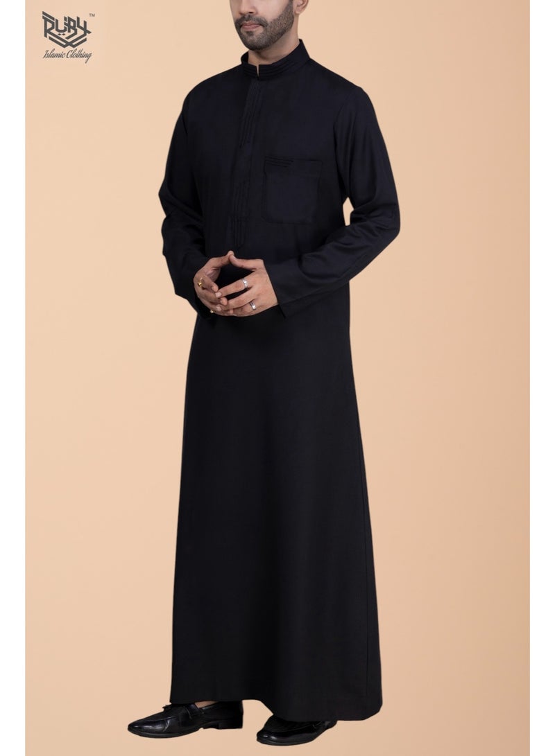 RUBY ISLAMIC CLOTHING Premium Black Saudi Thobe with Collar & Elegant Embroidery kandura jubbah - Image 3