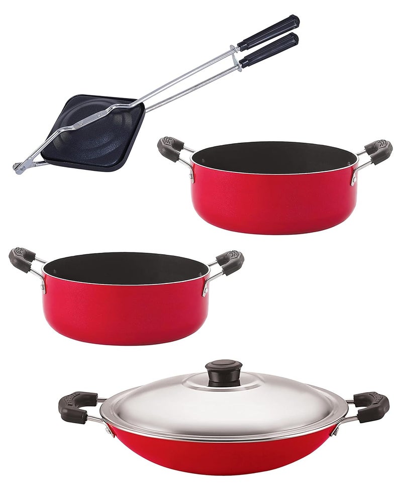 Nirlon Nirlon Non-Stick Aluminium Cookware Set Appa Chatti with Lid/Casserole/Hand Toaster/Casserole - Set of 4, Red - Image 1