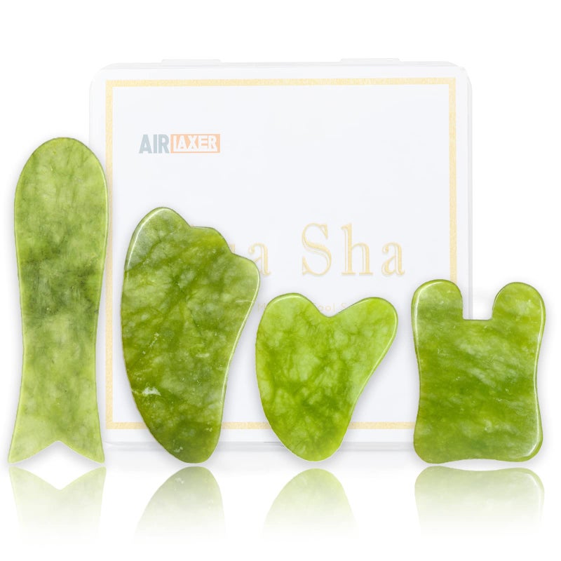 Gua Sha Facial Tools SetGuasha Massage Kit for Face and BodyScraping Massage Board 4Piece Set Physical TherapyGusha Jade Stone Also be Used on The ChinNeck and Back Grass Green