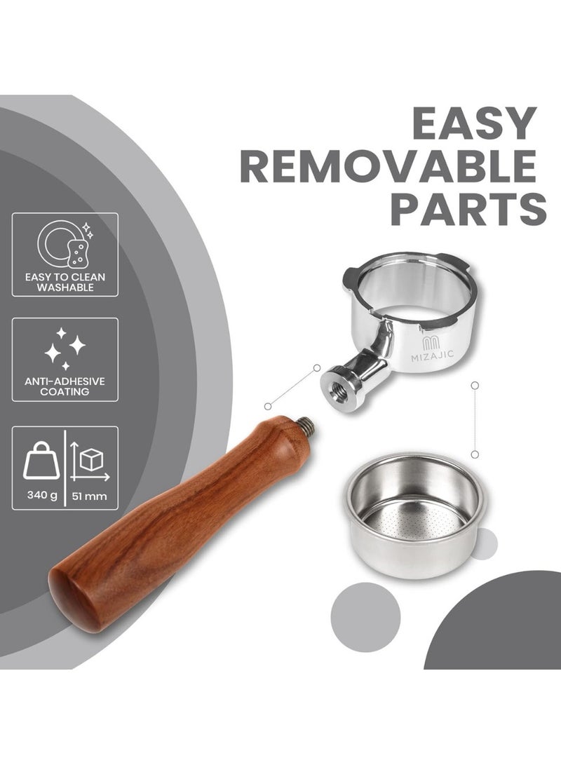 مزاجك فلتر بورتافلتر بدون قاع 54 مم لماكينات القهوة سلسلة سيج/بريفيل باريستا 870/875/878/880، فلتر عاري مع سلة بديلة من الفولاذ المقاوم للصدأ ومقبض من خشب الورد - Image 4