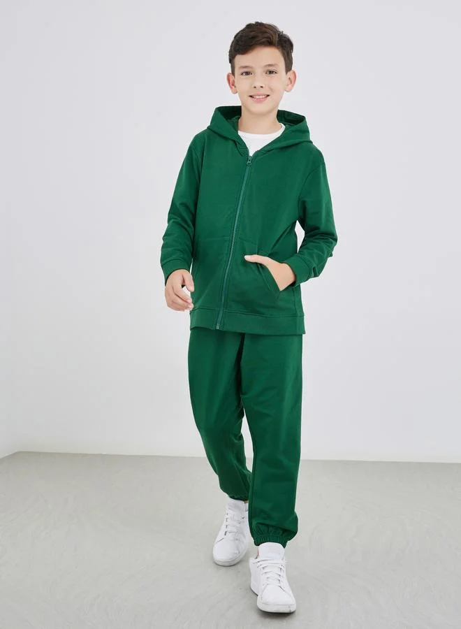 Styli Styli School Uniform Green Full Zip Hoodie with Pockets