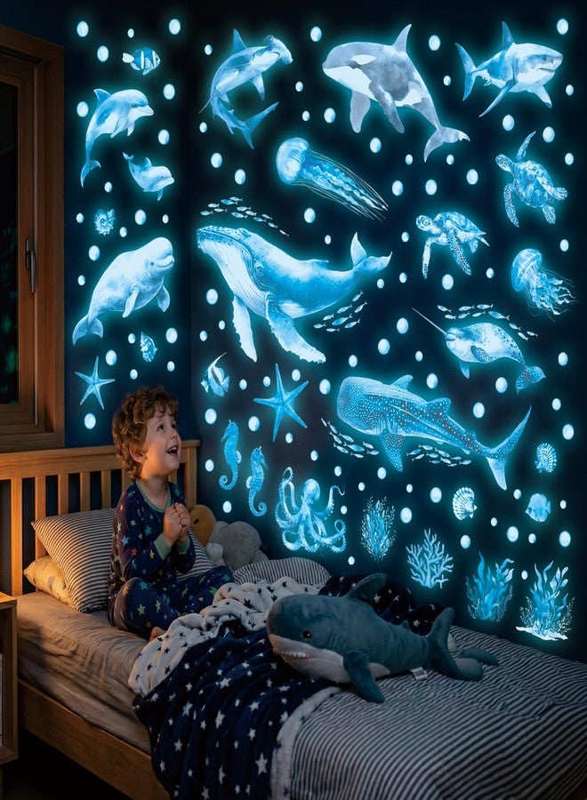 DECOWALL Glow in the Dark Ocean Animals Wall Stickers – Whale, Shark, Dolphin and Octopus Sea Life Glow Wall Decals for Kids Bedroom Nursery Playroom Decor (GDS4-7003) - Image 1